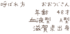 呼ばれ方　　おおつじさん 年齢　４8才 血液型　A型 滋賀県出身